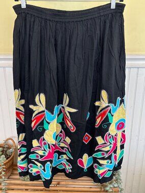 For You Black Maxi Skirt With Multicolor Embroidery Elastic Waist Size 1X Cotton